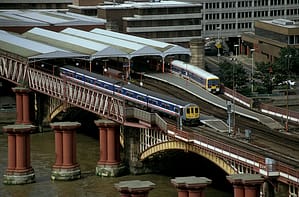 Thameslink service crossing Blackfriars bridge with a train from Bedford to Brighton. C1993
