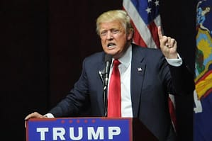 Presidential candidate Donald Trump addresses his supporters at rally at Grumman studios in Long Island