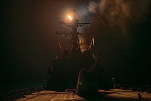 US Navy Arleigh Burke class DDG launching Tomahawk cruise missiles at Houthi targets in Yemen on Jan 12, 2024. The U.S. and UK militaries launched strikes against multiple Houthi targets in Houthi-controlled areas of Yemen on Thursday January 12, 2024.The