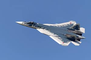 Moscow Russia Zhukovsky Airfield 31 August 2019: Demonstration of the latest Russian SU-57 fighterof the international aerospace salon MAKS-2019