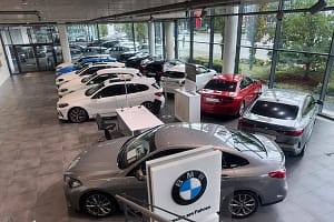 Used cars in a BMW dealership.