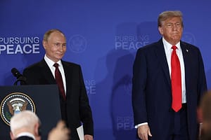 President Donald Trump and Russian President Vladimir Putin attend a joint statements after their high-stakes summit on Friday August 15, 2025 at the Joint Base Elmendorf-Richardson in Anchorage, Alaska.