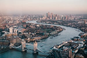 Aerial view of the London skyline on a clear day, looking across the city