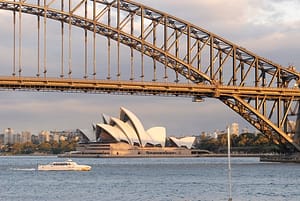 Harbour bridge & Opera House at sunset, Sydney, Australia