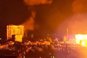 CCTV cameras recorded Russian drone strikes on residential buildings in Kharkiv, Ukraine, on June 5, 2025. Russian missile and drone attacks on the city of Kharkiv overnight on June 5 injured 17 people, including four children, regional Governor Oleh Syni