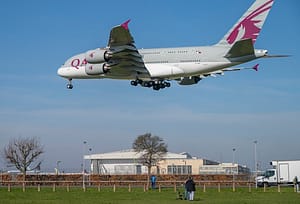 Aircraft approach London’s Heathrow Airport in perfect spring-like weather under blue sky on 4th March, 2025