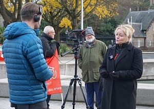 Winter Fuel Protest, Scottish Parliament by Retired Unite Union Members; Sharon Graham General Secretary of Unite the Union being interviewed.