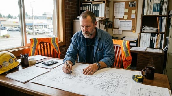 Plumbing estimator performing a manual takeoff on a flat drawing set at a contractor's desk, with hard hat and calculator nearby.