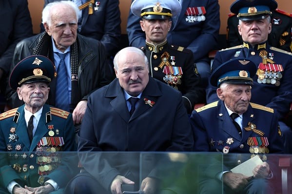 President of Belarus Alexander Lukashenko at the military parade to mark the 78th anniversary of Victory in the Great Patriotic War in the Red Square in Moscow, Russia, on Tuesday May 9, 2023, that underscored just how much weaponry his army has lost in U