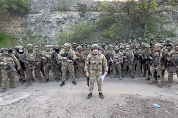 Image from video released by Russia’s Wagner Group mercenary force shows its leader Yevgeny Prigozhin making a sudden and dramatic announcement on Friday May 5, 2023 that his forces would leave the bitterly-combated Ukrainian city of Bakhmut that they hav