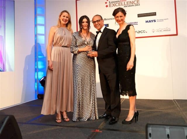 RETAIL (L to R): Sophie Hobson of LondonlovesBusiness.com; Jo Brett, UK Shops Director at Pret A Manger (winner); Theo Paphitis, Chairman of Ryman and of Robert Dyas (special guest); Awards co-host Katie Derham