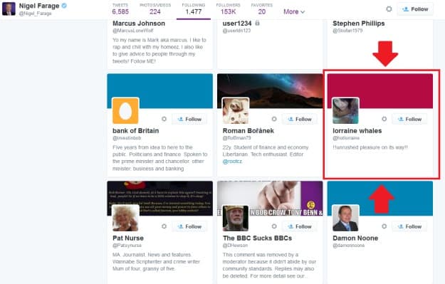 Farage follows pornographic Twitter account