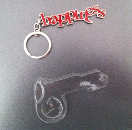 Naughty-looking packaging of the 'Key to Happiness' key-ring, designed by Shed Simove
