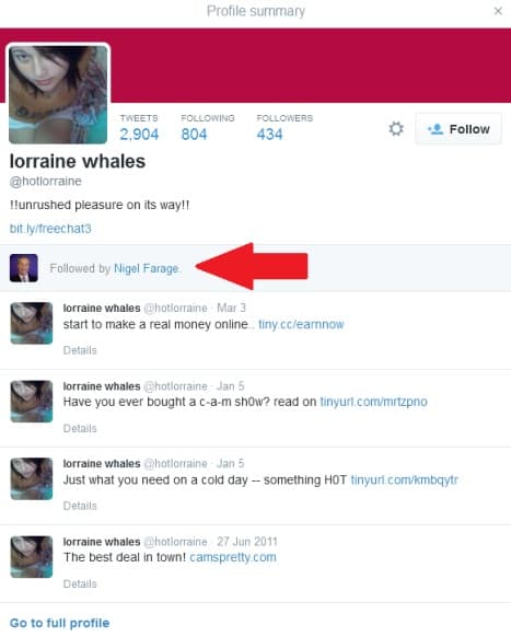 Farage follows pornographic Twitter account