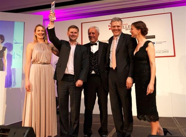 CREATIVE INDUSTRIES (L to R): Sophie Hobson of LondonlovesBusiness.com; Mike Bokaie, Chief Executive of Casis Media (awards judge); Jeffrey O’Rourke, Chief Executive of Ink (winner); Awards co-host Katie Derham