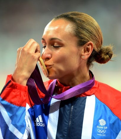 Great Britain's Jessica Ennis kisses her Gold Medal after winning the Heptathlon at the Olympic Stadium, London, on the eighth day of the London 2012 Olympics.