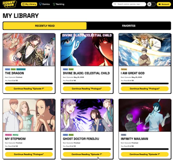 Honeytoon webtoon platform my library page