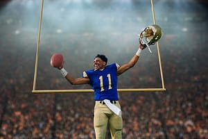 Teenage American football player celebrating victory in soccer stadium