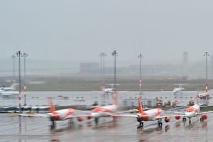 Campervans blown over, flights cancelled as winds top 108mph easyJet storms file pic.