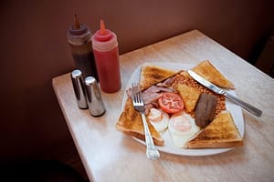 English breakfast on a cafe table