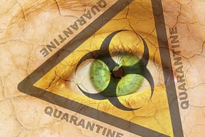 Coronavirus global Pandemic outbreak and quarantine concept. Creative composite of cracked woman skin with biohazard sym
