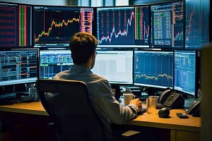 A businessman working at a multi-monitor setup AI GENERATED IMAGE AM 013  RECORD DATE NOT STATED