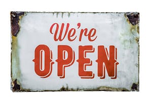 Vintage Store Open Sign Isolated Vintage Rusty White Metal We re Open Sign Copyright: xZoonar.com/MrxDoomitsx 8871445