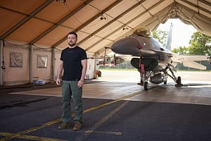 Ukraine President Volodymyr Zelenskiy poses with an F-16 fighter jet during a trip to Skrydstrup Airbase, in Denmark, on Sunday August 20, 2023. The picture opportunity came as The Netherlands and Denmark promised to deliver F-16 fighter jets to Ukraine.