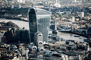 The Walkie Talkie architectural landmark and Tower Bridge along the River Thames, London