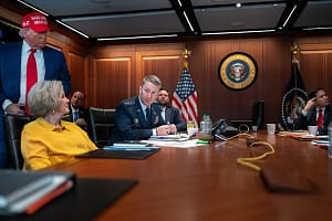 U.S. President Donald Trump holds a meeting with White House Chief of Staff Susie Wiles, Chairman of the Joint Chiefs of Staff General Dan Caine and other cabinet members in the Situation Room at the White House in Washington, D.C., U.S. June 21, 2025. Pr