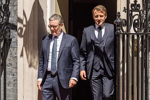 British Prime Minister, Keir Starmer and the President of France, Emmanuel Macron, exit Downing St, London, UK.