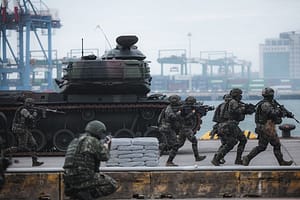 Taiwan soldiers take part in the 39th Han Kuang military exercise on July 27, 2023 in Taipei Port with the 66th Brigade of the Marine Corps and the 2nd Battalion of the 109th Brigade of the Army Infantry serving as the garrison troops, and cooperated with