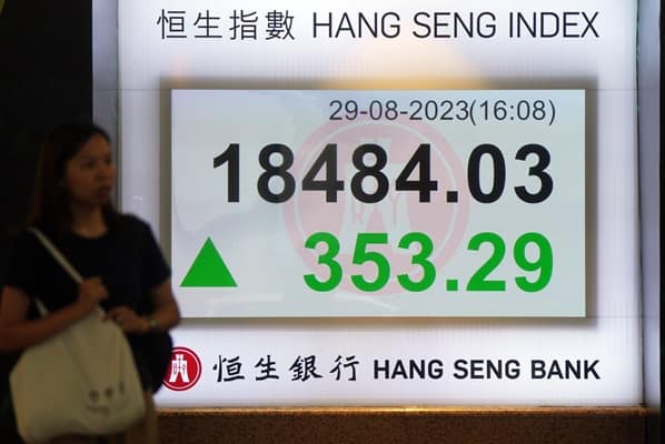 Hang Seng Index shows on a electronic screen in Central.  29AUG23   SCMP / Sam Tsang Photo via Newscom