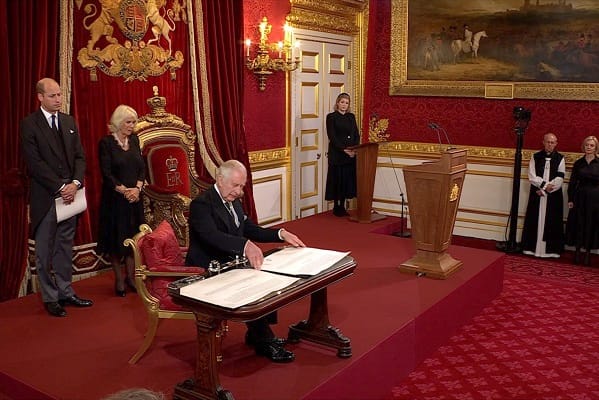 Historic moment King Charles III is declared sovereign as Queen Consort Camilla and Prince William look watch the ceremony at St James’s Palace in London
