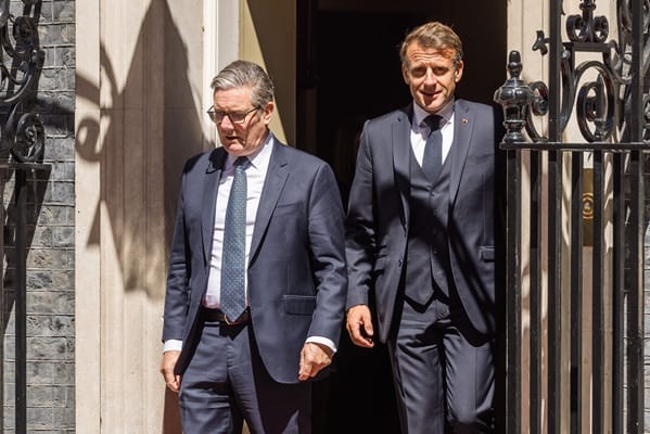 British Prime Minister, Keir Starmer and the President of France, Emmanuel Macron, exit Downing St, London, UK.