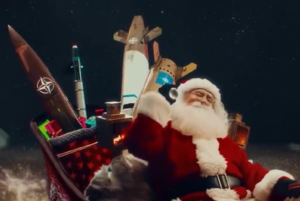 Twisted Russian propaganda shows Santa being shot down in the sky over Moscow