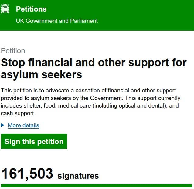 Petition to stop £1 billion in benefits a month for asylum seekers hits major milestone
