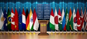 G20 country flags arranged in a conference room. 3D illustration G20 country flags arranged in a conference room. 3D ill