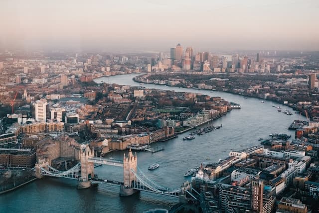 Aerial view of the London skyline on a clear day, looking across the city