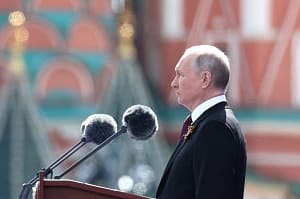 Russia President Vladimir Putin speaks at the Victory Day parade in the Red Square in Moscow, Russia, on Tuesday May 9, 2023, that underscored just how much weaponry his army has lost in Ukraine. This year parade had a total of 51 vehicles in comparison w