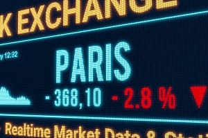 Paris stock market moving down. Paris, stock market moving down. Negative stock exchange data, falling chart on the scre