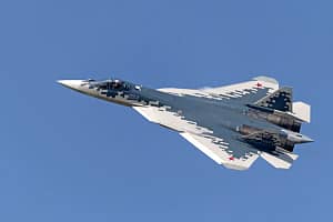 Moscow Russia Zhukovsky Airfield 31 August 2019: Demonstration of the latest Russian SU-57 fighterof the international aerospace salon MAKS-2019