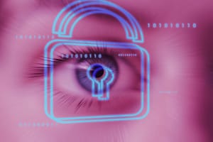 Human eye binary code and lock symbol in neon colors