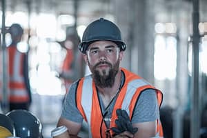 Builder taking a coffee break on construction site