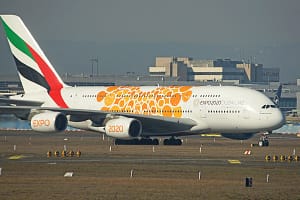 Airport Frankfurt. Dubai-Emirates Expo 2020. Orange (UAE) Airbus A380-800