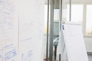 whiteboard and flip chart in meeting room