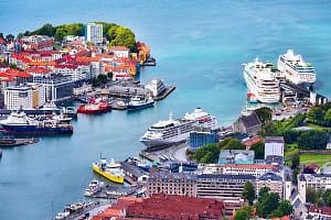 Bergen, Norway view with colorful houses Bergen, Norway – July 30, 2018: Cityscape with colorful traditional houses and