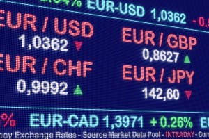 RECORD DATE NOT STATED Euro currency exchange rates on the screen. Close-up stock exchange monitor with different curenc