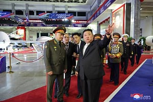 Kim Jong Un takes visiting Russian Defence Minister Sergei Shoigu inside his military complex to showcase a plethora of drones in Pyongyang, North Korea, on Thursday July 27, 2023. Footage released by North Korea state television on Thursday July 27, 2023