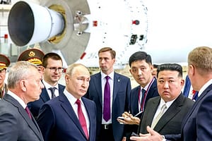 Inspecting the Vostochny Cosmodrome with North Korea leader Kim Jong-un (second right). Roscosmos Director General Yury Borisov (left) and Director General of the Centre for the Operation of Ground-Based Space Infrastructure Nikolai Nestechuk (right) are